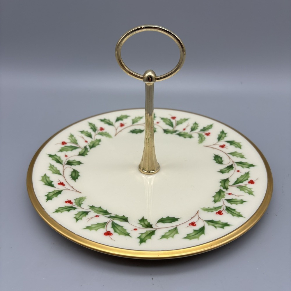 Lenox Holiday 8" Plate with Handle Serving Dish Christmas Dishes Gold Trim
